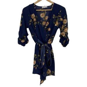 Miley + Molly navy floral print cross front belted tie romper, S